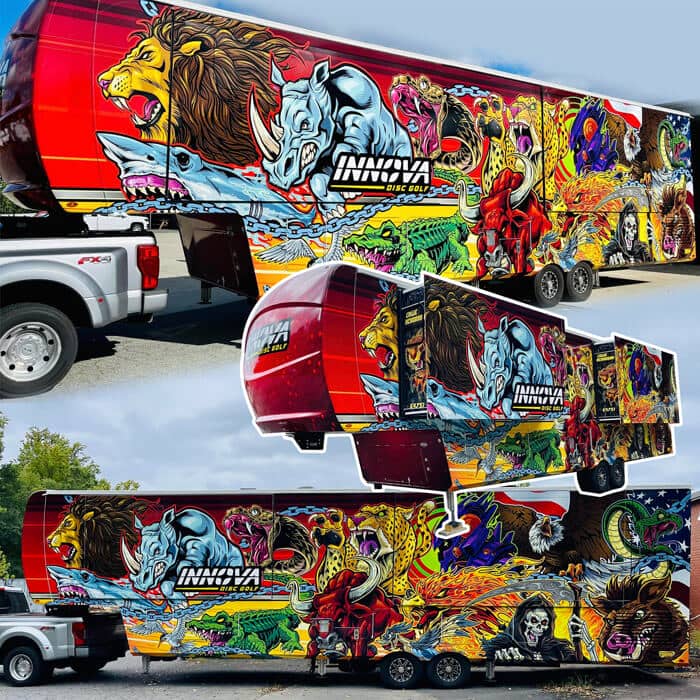 An RV wrap designed for disc golf client, Callie McMorran, and features an assortment of Innova Mascot animals. 