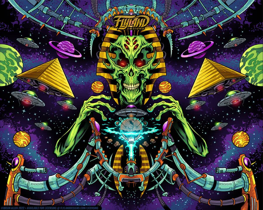 Egyptian Alien Universe Artwork by Brian Allen Colorful alien illustration in space with prymids and planets