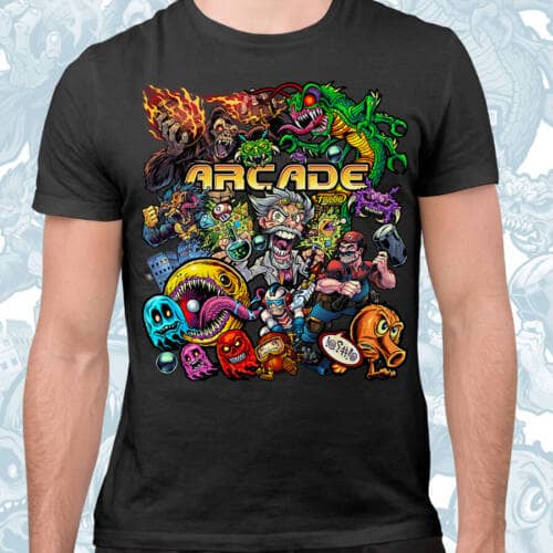 Retro arcade illustration of donkey kong, mario, pac man, q-bert, rampage, centipede, space invaders and more printed on a t-shirt