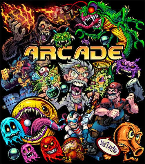 Retro arcade illustration of donkey kong, mario, pac man, q-bert, rampage, centipede, space invaders and more printed on a t-shirt