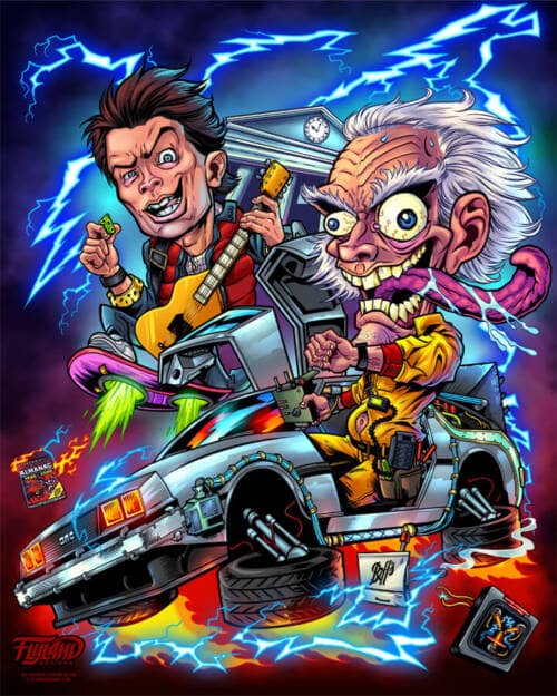 Back to the Future Caricature Tribute drawn by Brian Allen of Doc and Marty flying in a DeLorean by the Clock Tower as it gets struck by lightning