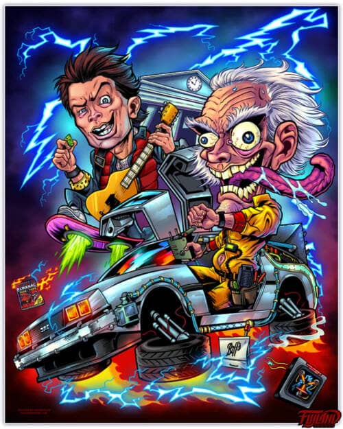 Back to the Future Caricature Tribute drawn by Brian Allen of Doc and Marty flying in a DeLorean by the Clock Tower as it gets struck by lightning