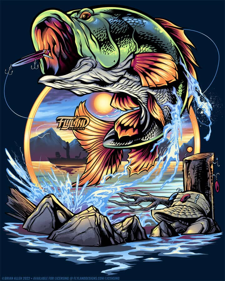 Big Fish Illustration Artwork by Brian Allen An illustration of a fisherman catching a big fish.