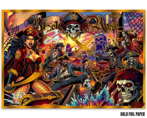 Alternate backglass for the pirate-themed pinball game Black Rose drawn by artist Brian Allen