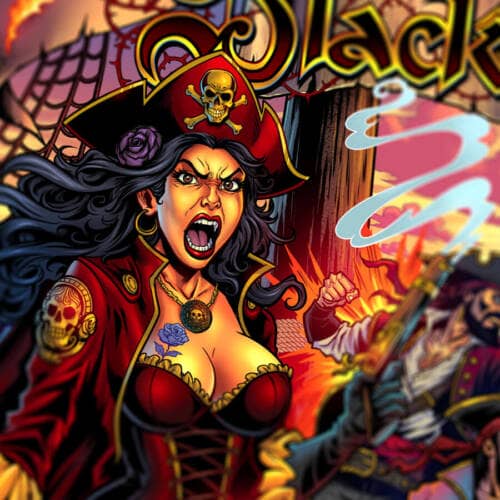 Alternate backglass for the pirate-themed pinball game Black Rose drawn by artist Brian Allen
