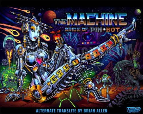 Alternate Translite and Backglass of the popular pinball game The Machine: Bride of Pinbot drawn by artist Brian Allen showing a female robot in space