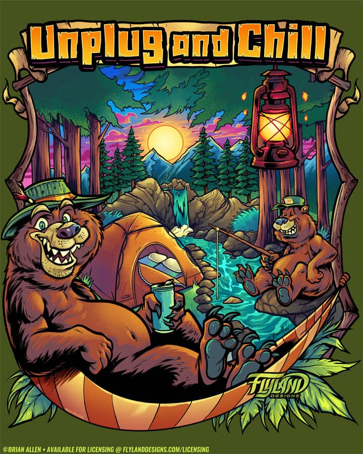 Bears Camping Artwork by Brian Allen An illustration of bears camping in the woods.