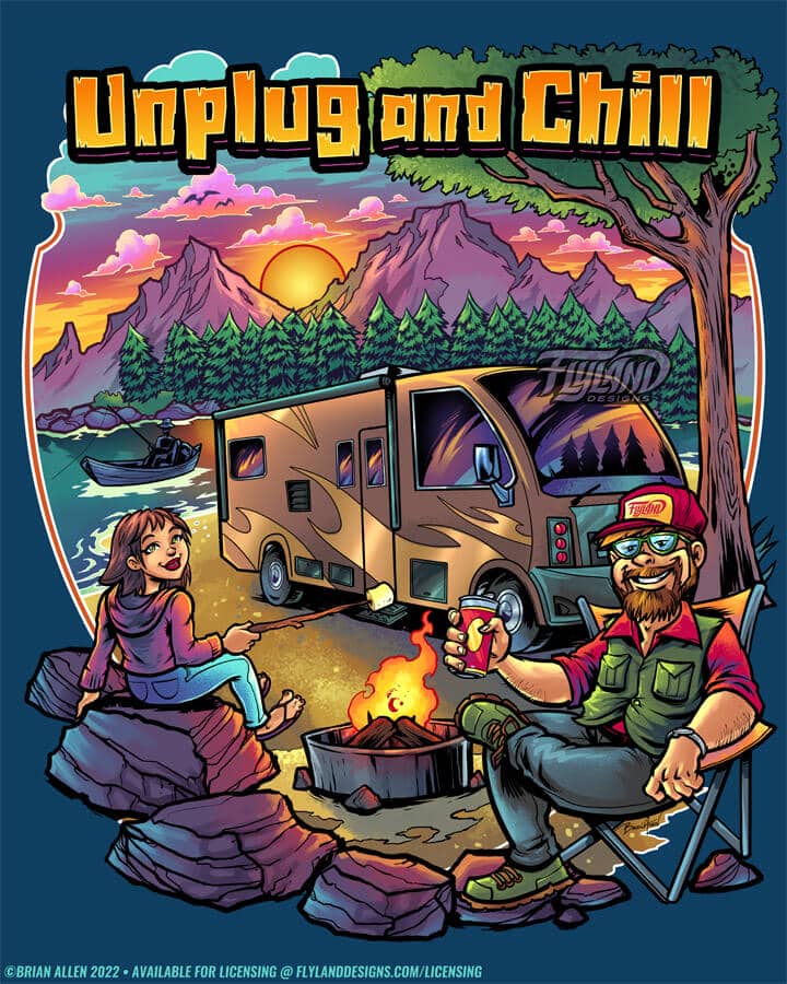 Family Camping Artwork by Brian Allen An illustration of a family on a camping trip.