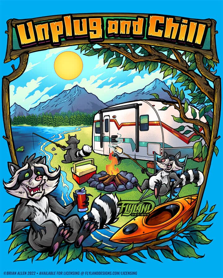 Racoons Campimg Artwork by Brian Allen An illustration of racoons on a camping trip.