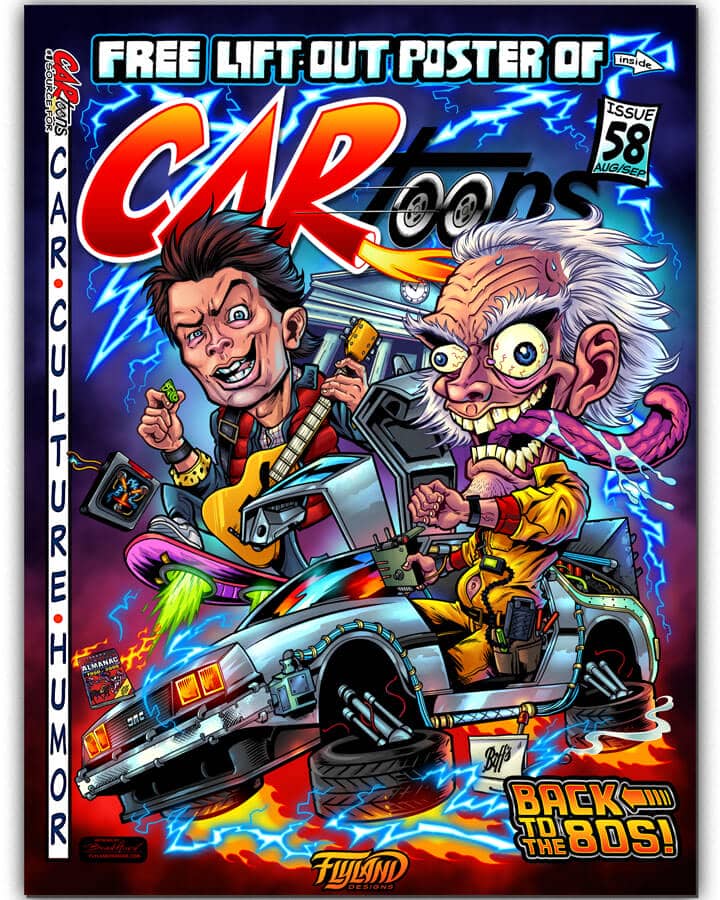 Back to the Future Caricature Tribute drawn by Brian Allen of Doc and Marty flying in a DeLorean by the Clock Tower as it gets struck by lightning