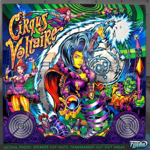 Illustration for the Cirqus Voltaire Pinball machine showing brighly colored circus performers, clowns, acrobats,  and a ringleader drawn by Brian Allen