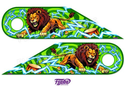 Pinball Hinge decal with artwork of a lion jumping through lightning drawn by Brian Allen for Cirqus Voltaire pinball machines
