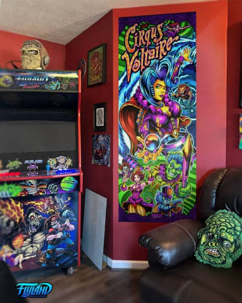 Cirqus Voltaire  Vertical Vinyl Banner with Grommets Vertical Vinyl Banner with Grommets artwork by Brian Allen