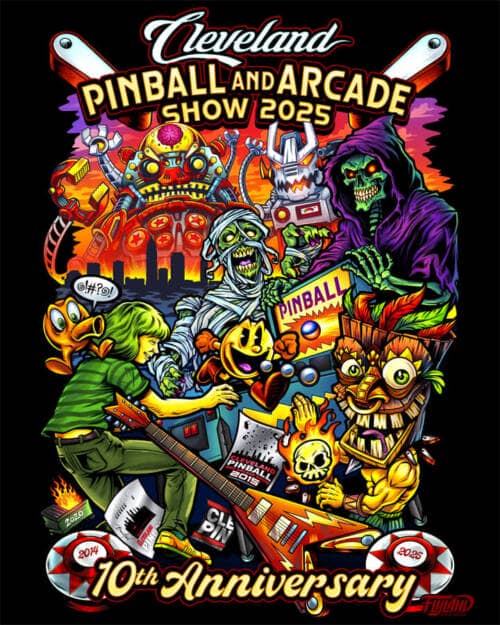 Artwork drawn for the Cleveland Pinball and Arcade Show in 2025 of all their signature characters reunitied for their 10th Anniversary including giant robots, a mummy, the grim reaper, a tiki chief, pac-man, and q-bert.