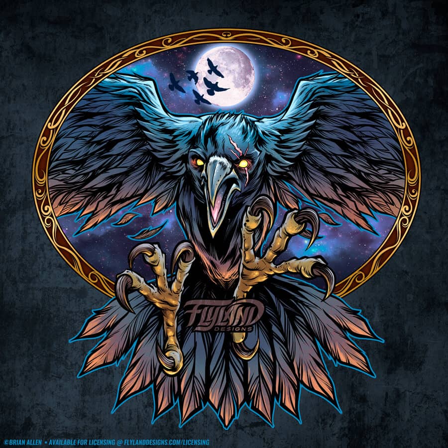 Crow Black crown with wings spread and a full moon in the background