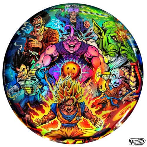 Illustration tribute to the heroes in Dragon Ball Z including Krilin, Boo, Trunks, Piccolo, Goku, Vegeta, and Mr. Satan drawn by artist Brian Allen