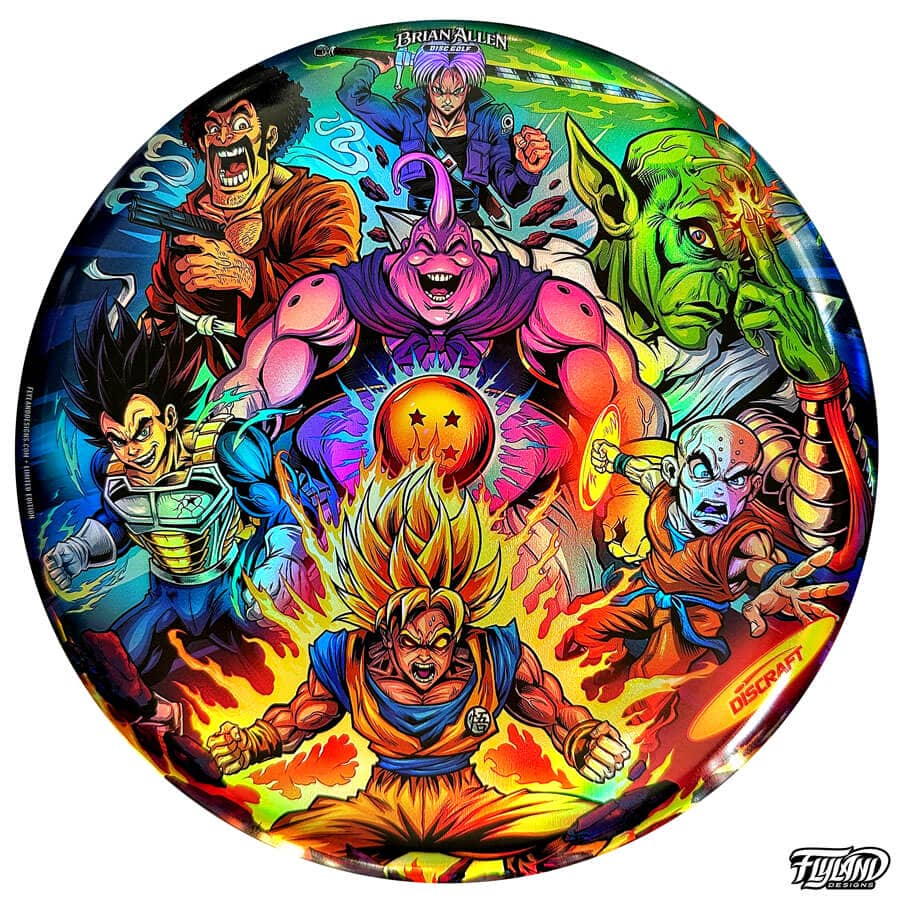 Illustration tribute to the heroes in Dragon Ball Z including Krilin, Boo, Trunks, Piccolo, Goku, Vegeta, and Mr. Satan drawn by artist Brian Allen