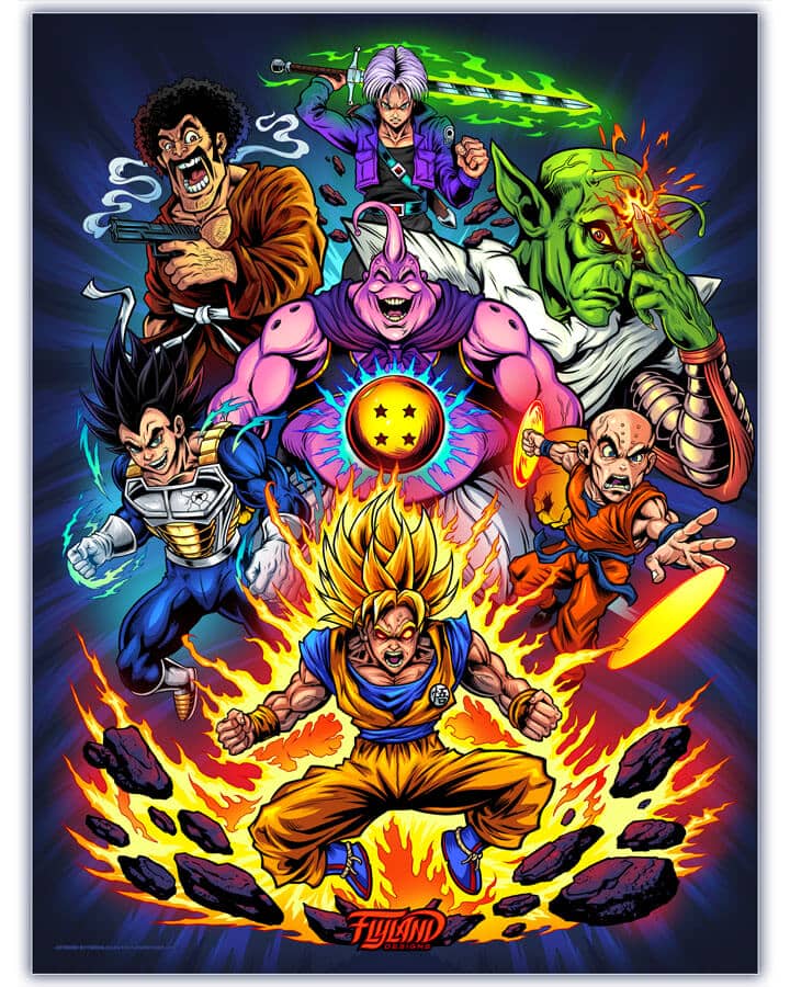 Illustration tribute to the heroes in Dragon Ball Z including Krilin, Boo, Trunks, Piccolo, Goku, Vegeta, and Mr. Satan drawn by artist Brian Allen