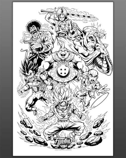 Illustration tribute to the heroes in Dragon Ball Z including Krilin, Boo, Trunks, Piccolo, Goku, Vegeta, and Mr. Satan drawn by artist Brian Allen