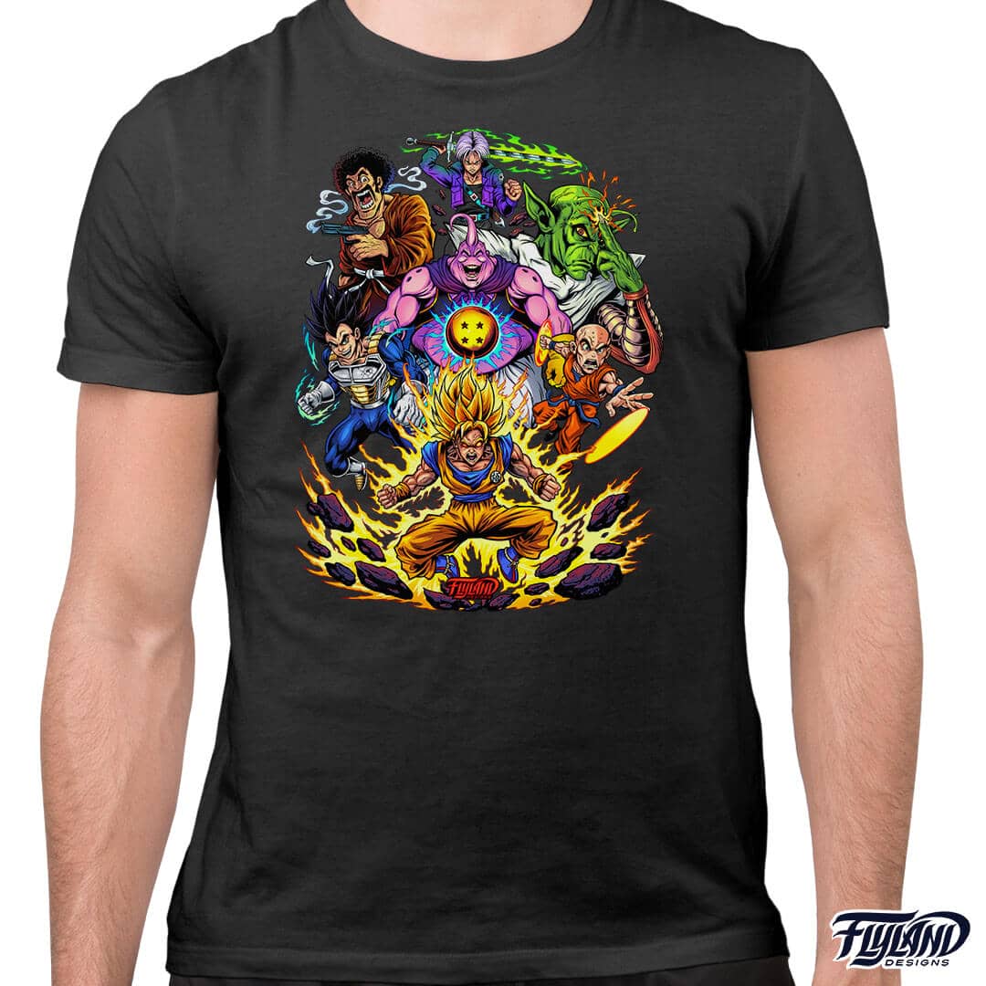 Retro arcade illustration of donkey kong, mario, pac man, q-bert, rampage, centipede, space invaders and more printed on a t-shirt