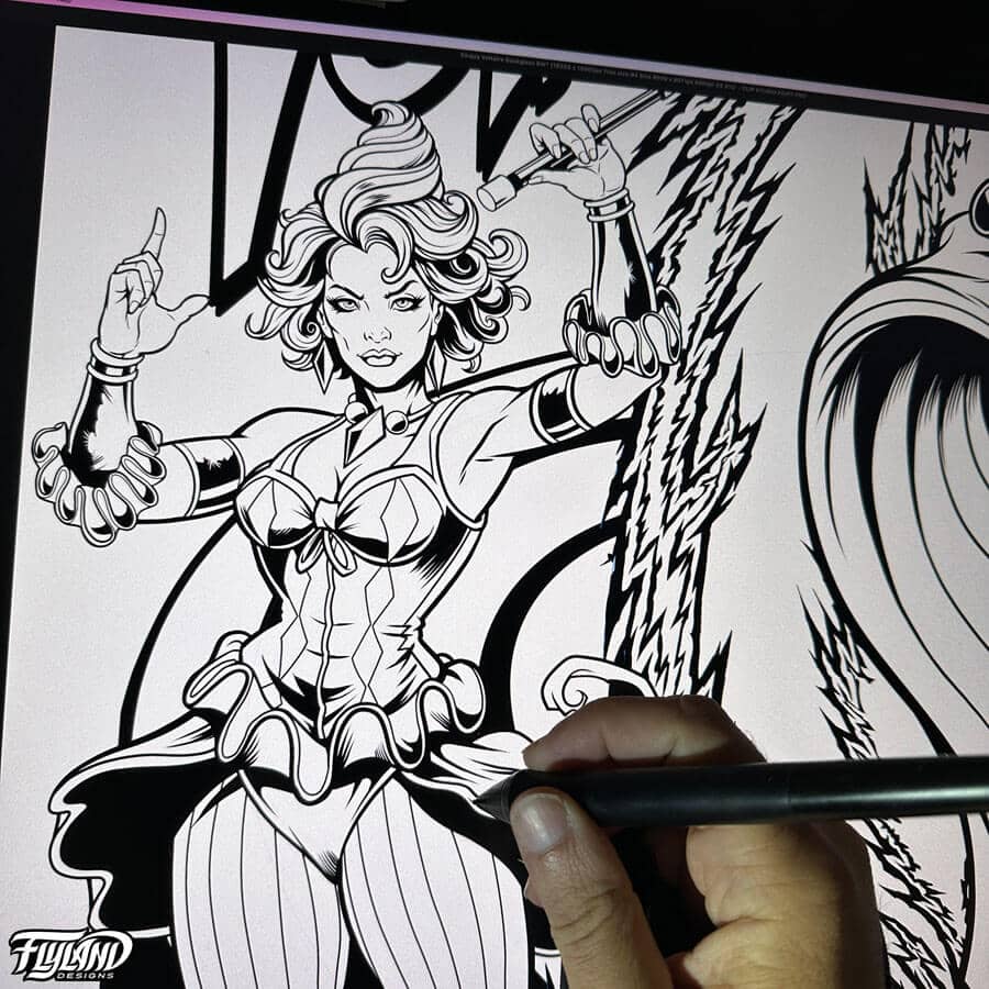 Illustration for the Cirqus Voltaire Pinball machine showing brighly colored circus performers, clowns, acrobats,  and a ringleader drawn by Brian Allen