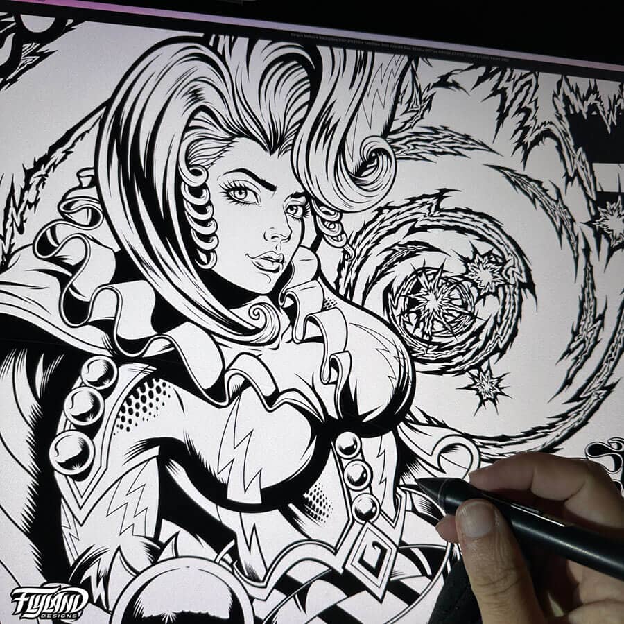 Illustration for the Cirqus Voltaire Pinball machine showing brighly colored circus performers, clowns, acrobats,  and a ringleader drawn by Brian Allen