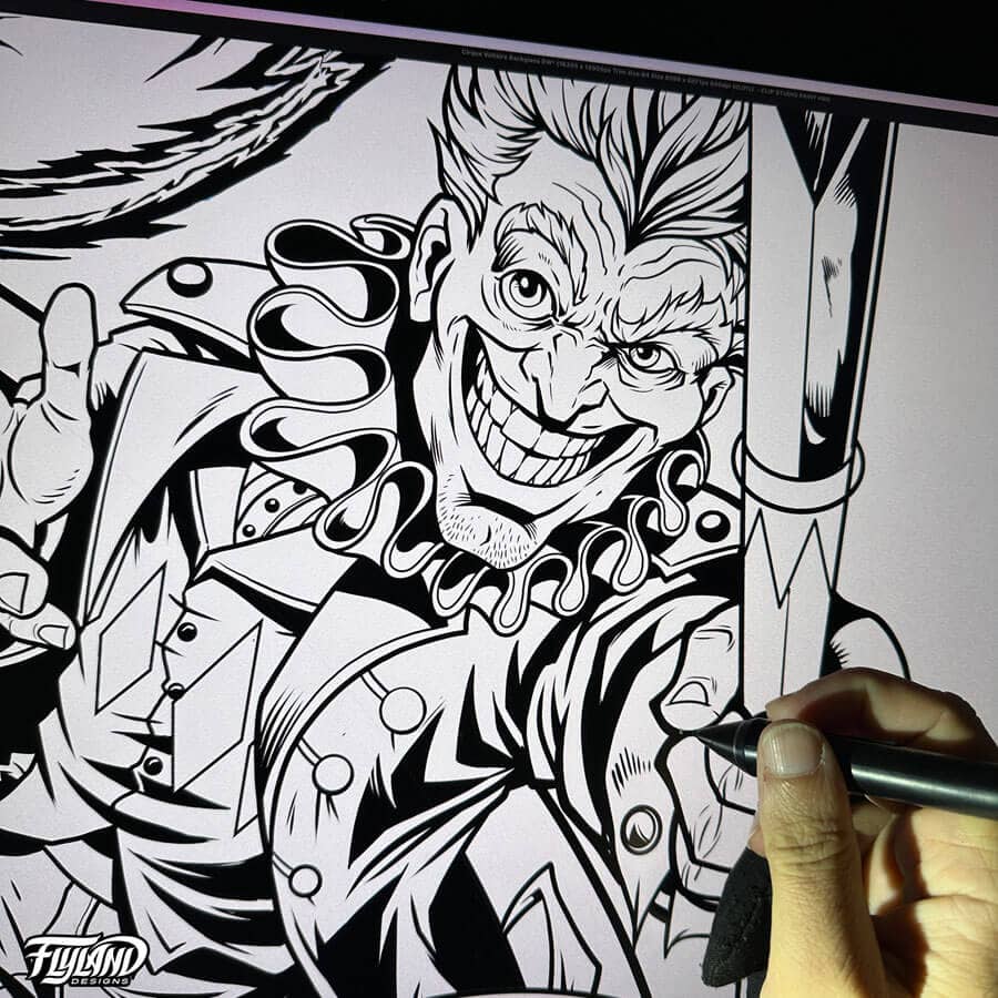 Illustration for the Cirqus Voltaire Pinball machine showing brighly colored circus performers, clowns, acrobats,  and a ringleader drawn by Brian Allen