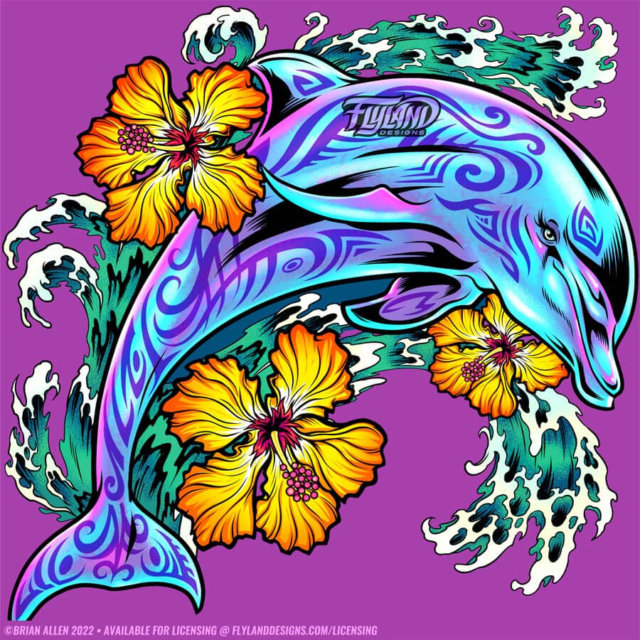 Hibiscus Dolphin Artwork by Brian Allen An illustration of a dolphin and hibiscus flowers.
