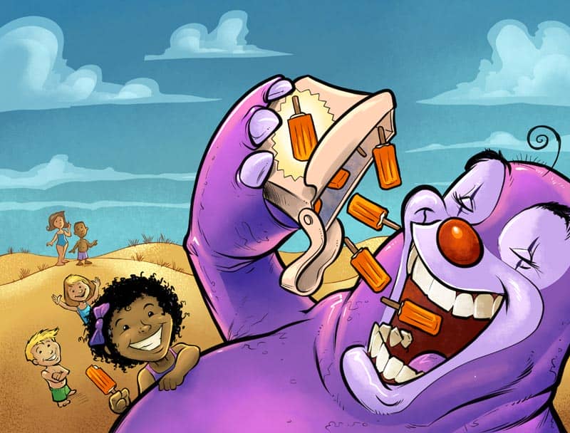 Children's book illustrations I created for a story written by Denise Watkins, about a strange creature that emerges from the ocean with an insatiable hunger for Creamsicles.