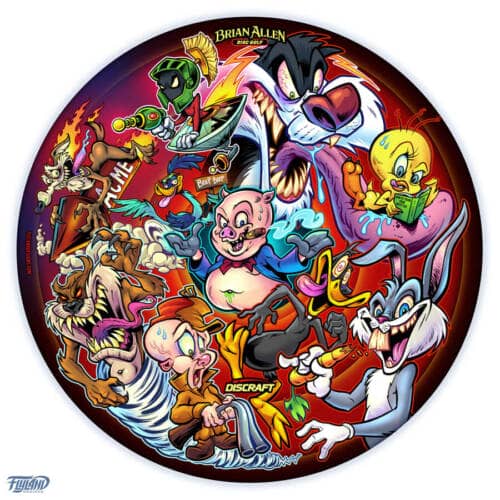 Twisted parody of Looney Tunes characters drawn by Brian Allen on a Full-Foil Buzzz disc golf disc
