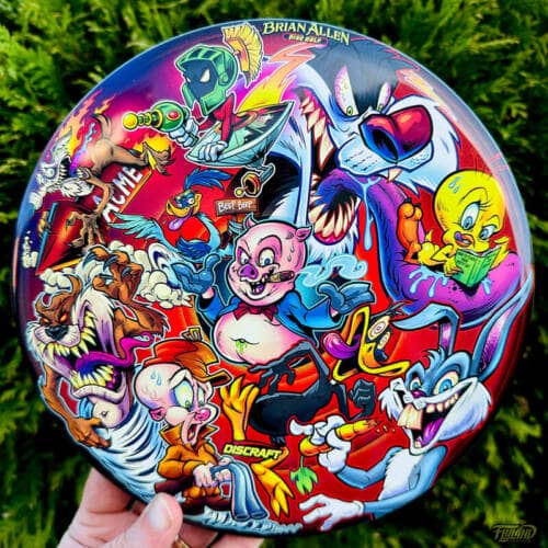 Twisted parody of Looney Tunes characters drawn by Brian Allen on a SuperColorBuzzz disc golf disc