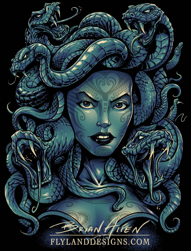 A detailed illustration of medusa. She has some tribal tattoos on her face and full lips. Her hair is made of many vicious looking snakes, all with sharp fangs. The image is done in dark teals and blacks.
Artwork by Brian Allen, Flyland Designs.