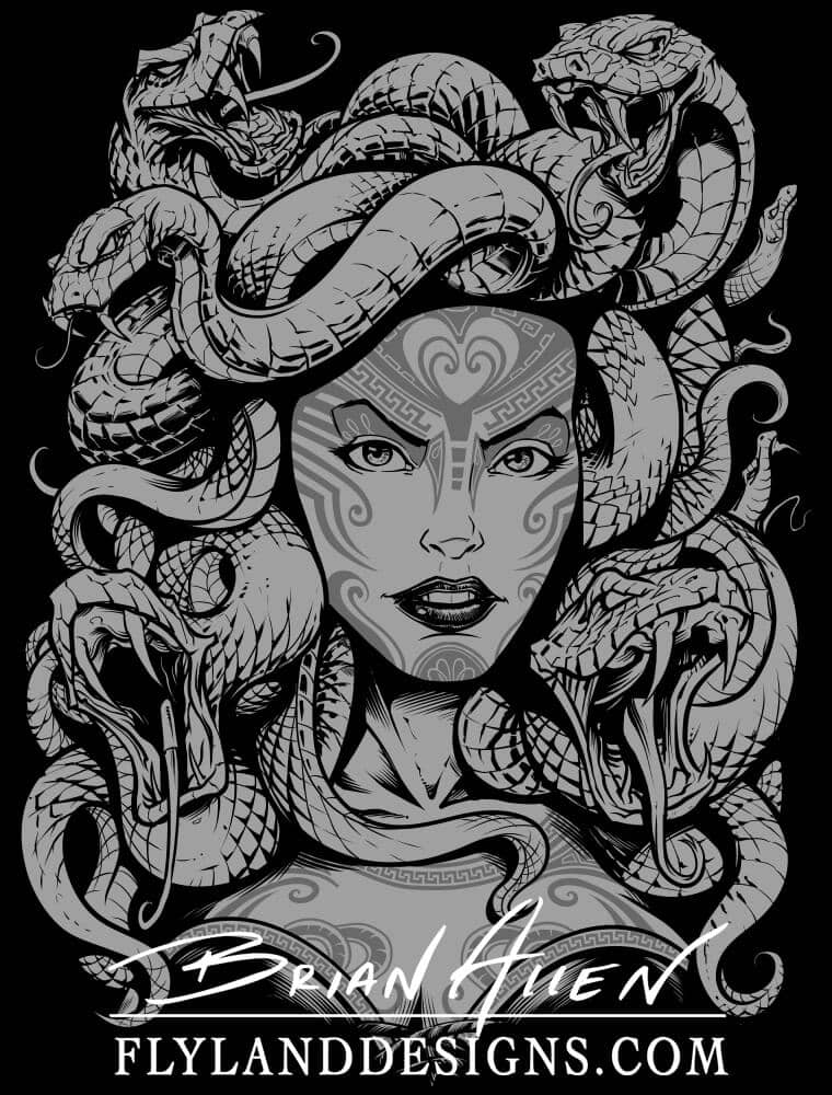 A detailed illustration of medusa. She has some tribal tattoos on her face and full lips. Her hair is made of many vicious looking snakes, all with sharp fangs. The illustration is in black and white.
Artwork by Brian Allen, Flyland Designs.