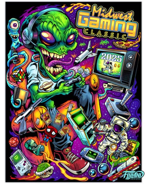 Illustration of an Alien gamer sitting on a couch in space playing retro video games with clutter around for Midwest Gaming Classic convention