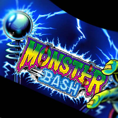 Artwork of a colorful Frankenstein's Monster and the Bride of Frankenstein for the Monster Bash pinball machine magnetic apron drawn by artist Brian Allen