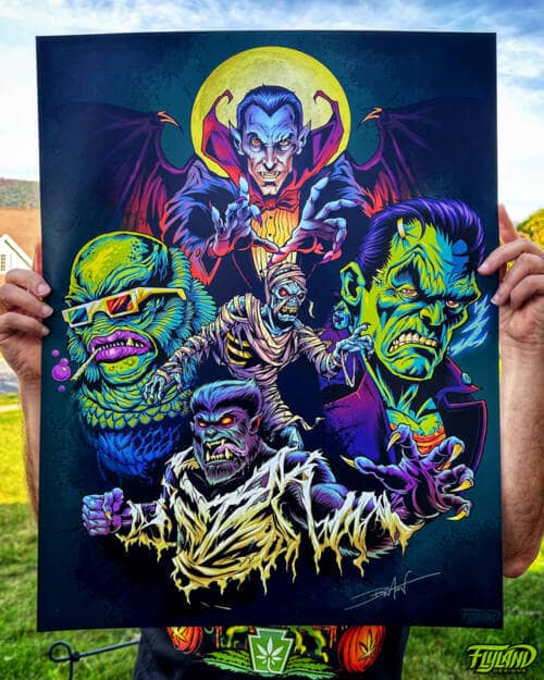 Illustration of Frankenstein, Dracula, Wolfman, the Mummy, and the Creature From the Black Lagoon drawn in vibrant colors by artist Brian Allen