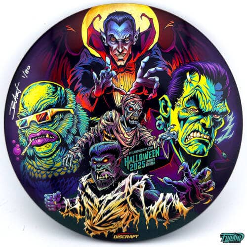 Illustration of Frankenstein, Dracula, the Mummy, the Wolfman, and The Creature From the Black Lagoon on a Discraft Buzzz disc golf disc, Foil Edition