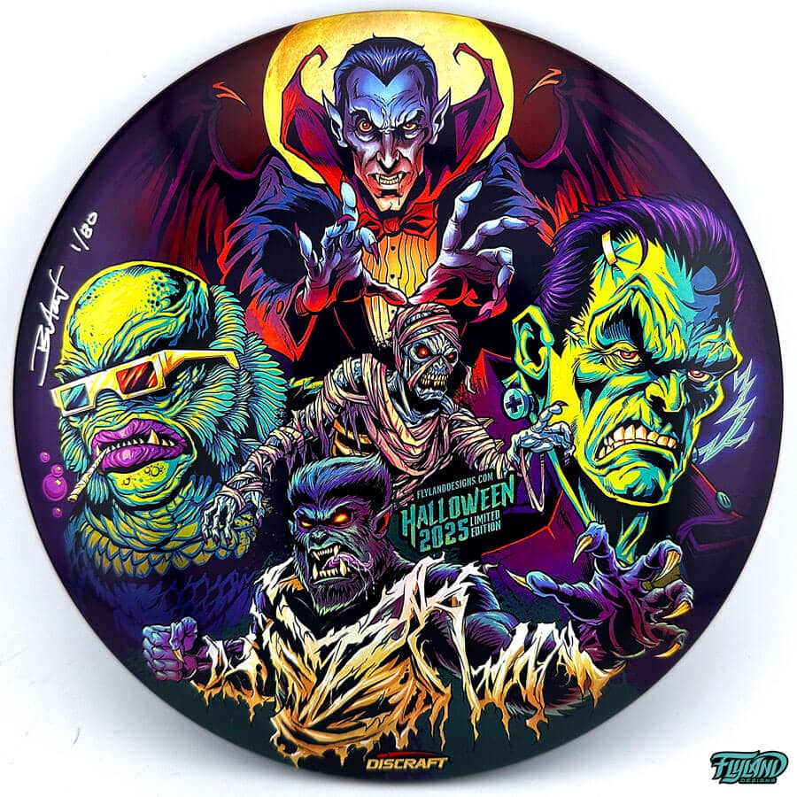 Illustration of Frankenstein, Dracula, the Mummy, the Wolfman, and The Creature From the Black Lagoon on a Discraft Buzzz disc golf disc, Foil Edition
