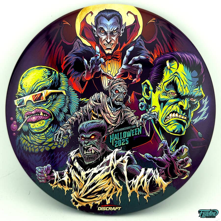 Illustration of Frankenstein, Dracula, the Mummy, the Wolfman, and The Creature From the Black Lagoon on a Discraft Buzzz disc golf disc, Foil Edition