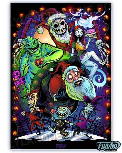 Artwork of Jack Skellington, Lock, Stock, and Barrel, Santa Claus, and Oogey Boogey form Nightmare Before Christmas drawn for a Translite to be put inside a lit up LED frame