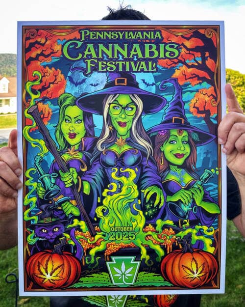 Illustration of three green witches in a graveyard in the autumn stirring a steaming couldron for a Cannabis Festival Poster