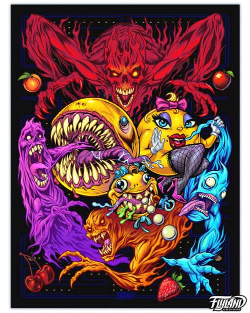 Colorful illustration parody of Pac-Man, Ms. Pac-Man, and Baby Pac-Man eating the ghosts from the retro arcade game drawn by Brian Allen