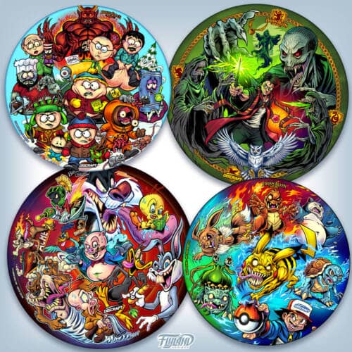 Images of disc golf artwork by Brian Allen printed on Full-Foil Discraft Buzzz Discs for a subscription service