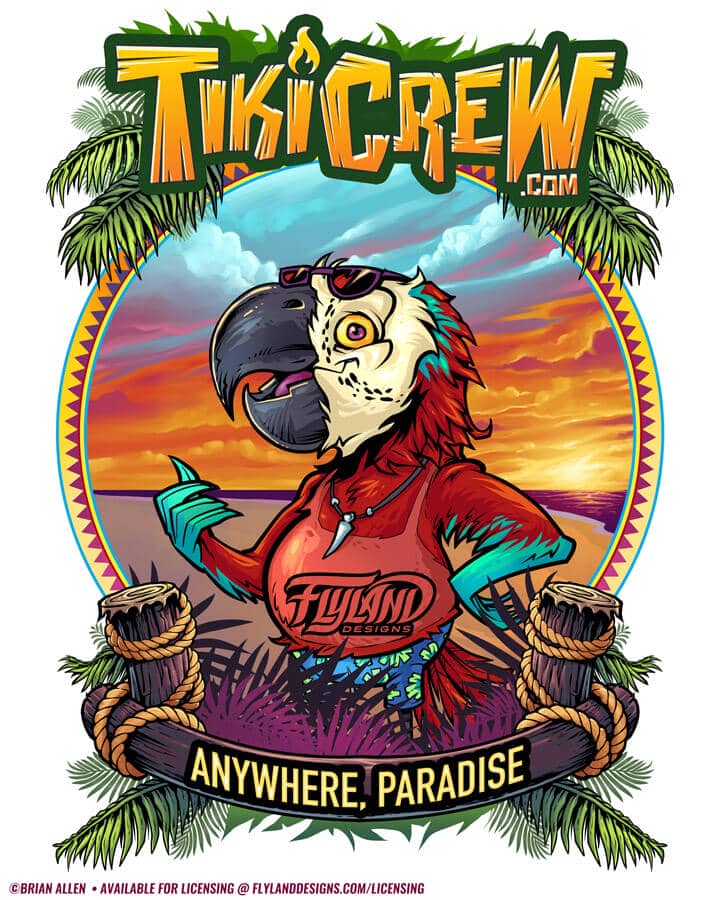 Pete’s Beach Bar T-Shirt template with parrot on beach.