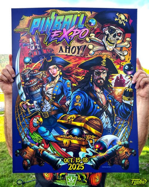 Illustration of two pirates with skulls, cannons, and a parrot drawn for the Pinball Expo 2025 Poster and T-Shirt by artist Brian Allen
