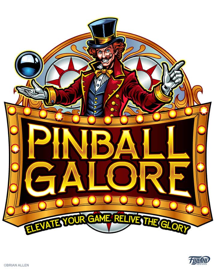 A logo illustration of a man with a top hat and a pinball ball for Pinball Galore, drawn by artist Brian Allen