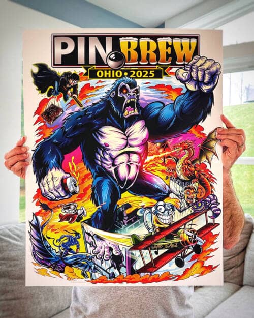 Poster drawn by artist Brian Allen for Pinbrew 2025 featuring characters from recent pinball games King Kong, Harry Potter, Cuphead, Avatar, Dungeons and Dragons and more