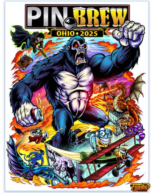 Drawing of a giant gorilla wrecking a city next to other pinball characters for a Pinball festival in Ohio 2025
