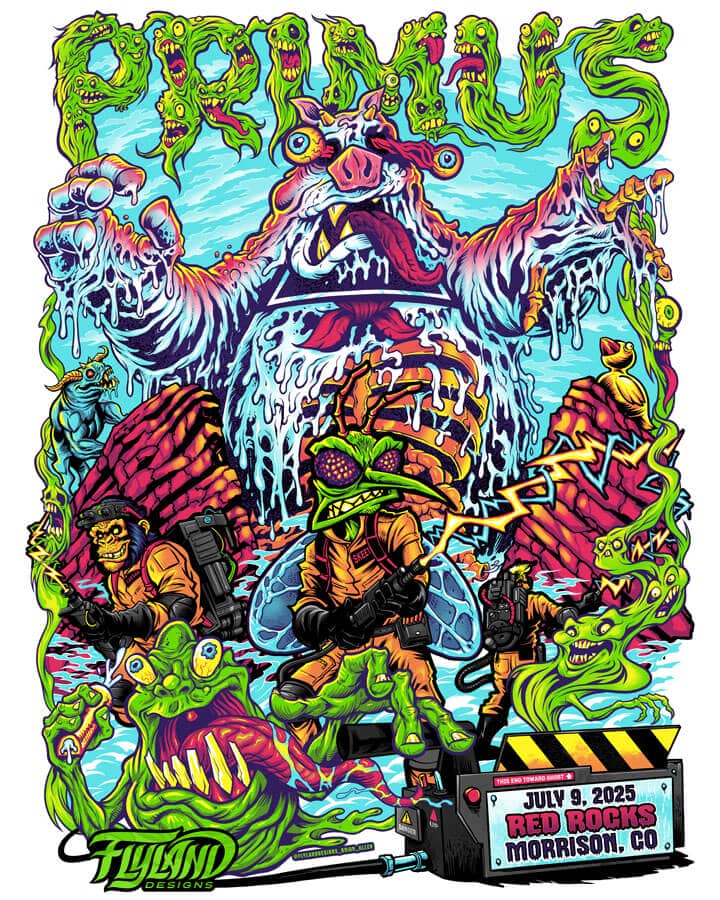 Primus poster illustration parody of Skeeter the mosquito and other Primus characters drawn as a characters from the Ghostbusters fighting a marshmallow man at Red Rocks for their show in Morrison Colorado 2025