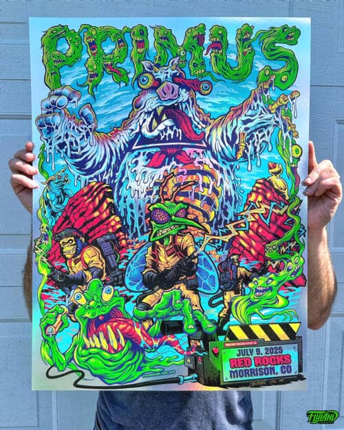 Primus poster illustration parody of Skeeter the mosquito and other Primus characters drawn as a characters from the Ghostbusters fighting a marshmallow man at Red Rocks for their show in Morrison Colorado 2025